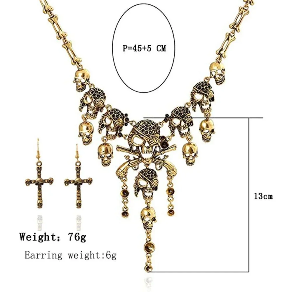 Jewelry Metal Gold Skull Necklace Earrings Set Women Halloween Party Gift